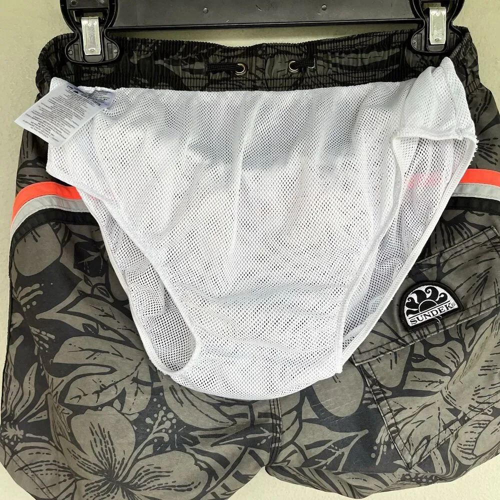 Sundek Taffeta Swim Trunks Size M |Fit S Floral Camo Rainbow Back Stripe Pockets
